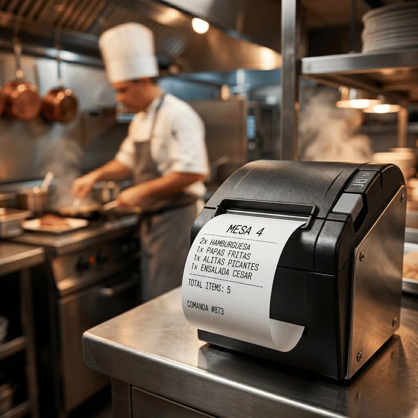 Comanda impresa en impresora termica saliendo en cocina